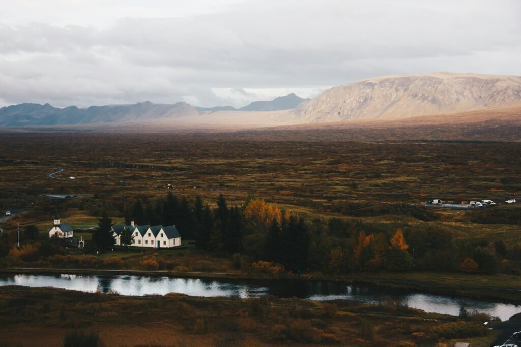 Þingvellir National Park on the Golden Circle, Iceland – church and lake Þingvallavatn