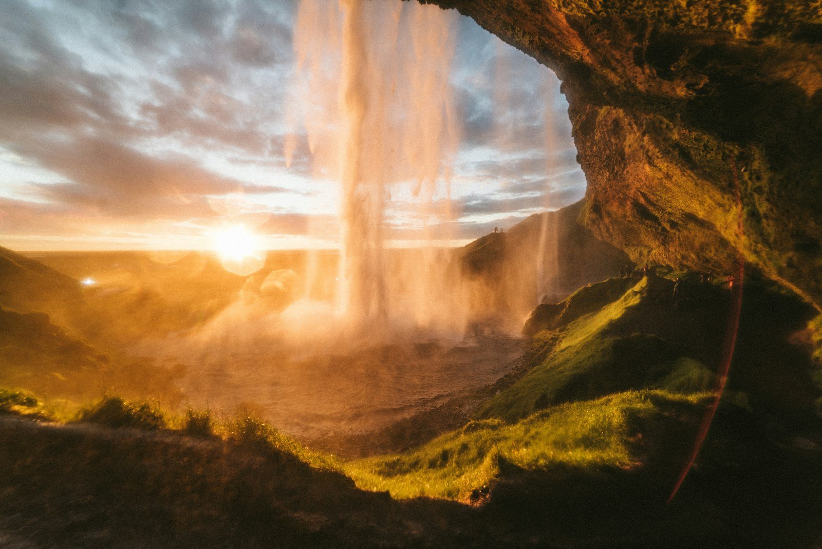 Seljalandsfoss waterfall at sunset, the first stop on a South Coast drive from Reykjavík